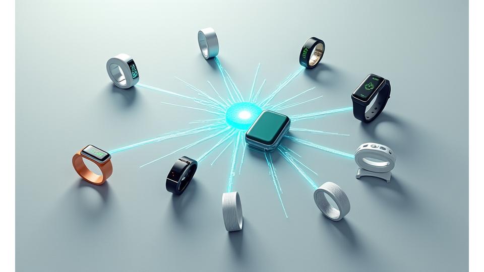 Gallery of compatible wearable devices including Fitbit, Apple Watch, Garmin, Oura Ring, and WHOOP, connected with data flow lines