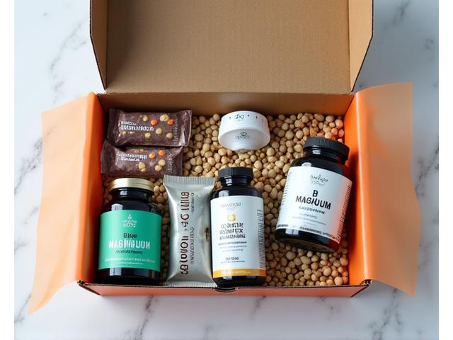 Sample energy and metabolism box with supplements like magnesium and B-complex, plus protein bars and a smart sleep tracker.